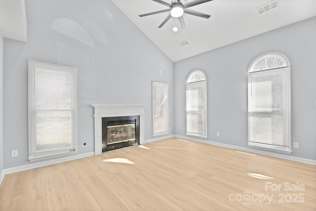 unfurnished living room featuring light wood-type flooring, a high end fireplace, visible vents, and baseboards