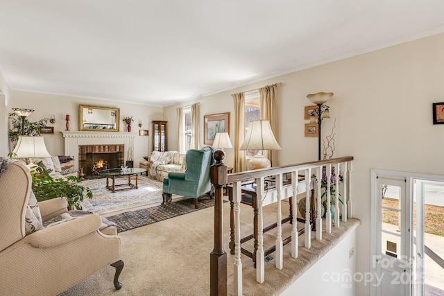 living room with carpet floors, a brick fireplace, a healthy amount of sunlight, and crown molding