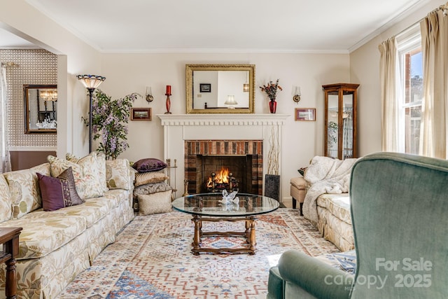 living room featuring a brick fireplace and crown molding