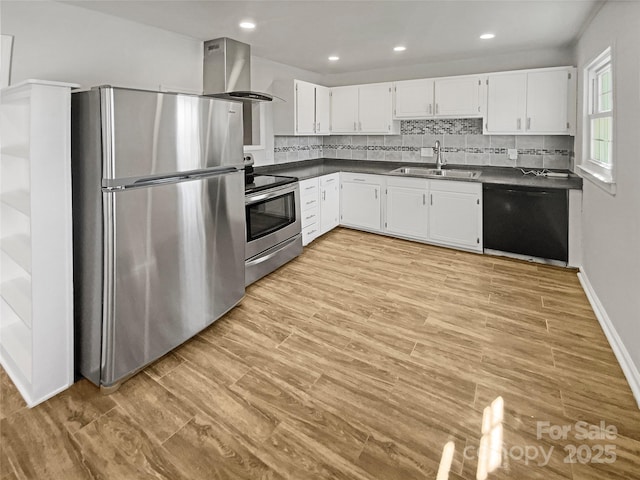 kitchen featuring appliances with stainless steel finishes, dark countertops, a sink, and wall chimney exhaust hood