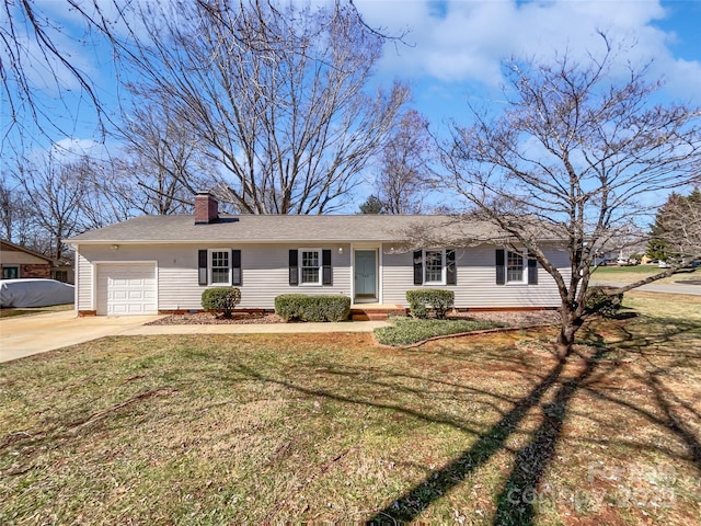 ranch-style home featuring a garage, driveway, a front lawn, and a chimney