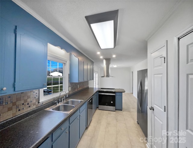 kitchen with a sink, blue cabinetry, appliances with stainless steel finishes, dark countertops, and island exhaust hood