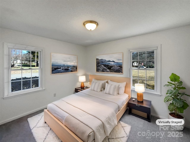 bedroom featuring light carpet, a textured ceiling, and baseboards