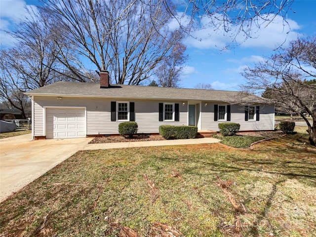 single story home featuring a garage, a chimney, concrete driveway, and a front yard