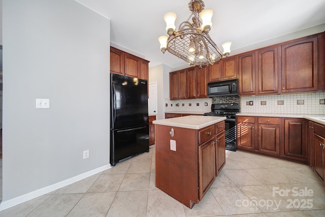 kitchen featuring black appliances, light tile patterned flooring, backsplash, and a center island