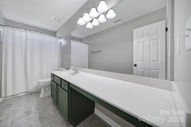 full bathroom with visible vents, a notable chandelier, vanity, and toilet