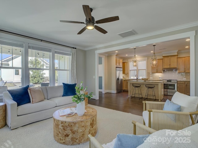 living area with crown molding, visible vents, plenty of natural light, and dark wood-type flooring