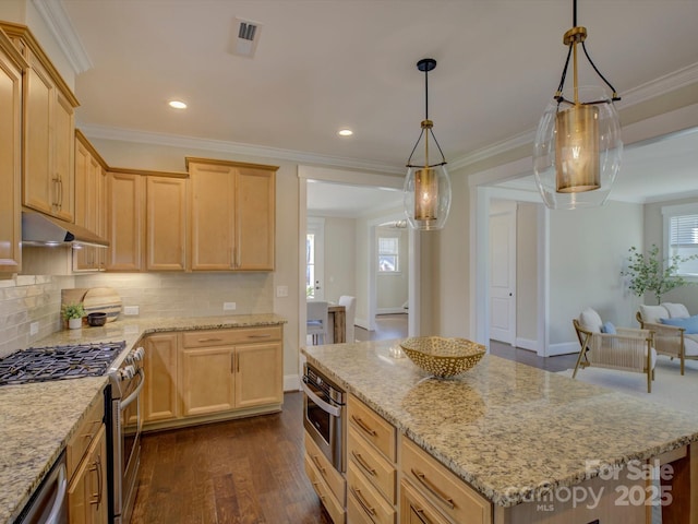 kitchen with under cabinet range hood, dark wood-style flooring, visible vents, appliances with stainless steel finishes, and light brown cabinetry