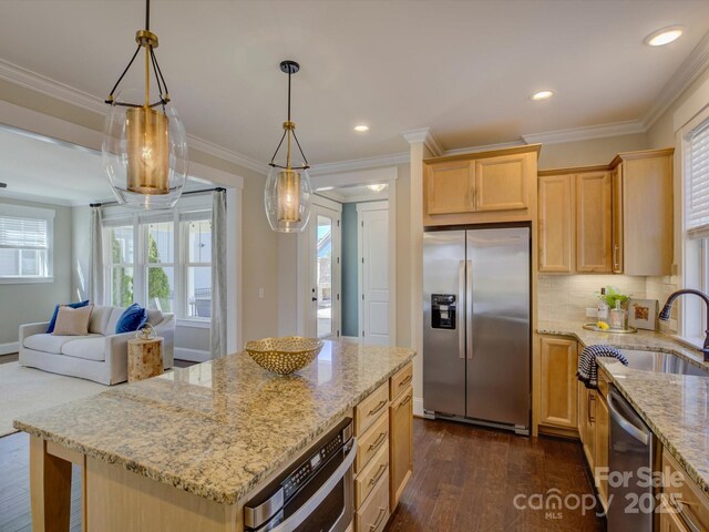 kitchen featuring light brown cabinets, stainless steel appliances, dark wood-type flooring, a sink, and ornamental molding