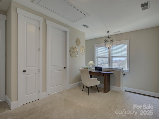 home office featuring baseboards, attic access, visible vents, and carpet flooring