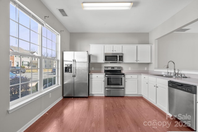 kitchen featuring visible vents, appliances with stainless steel finishes, wood finished floors, white cabinetry, and a sink