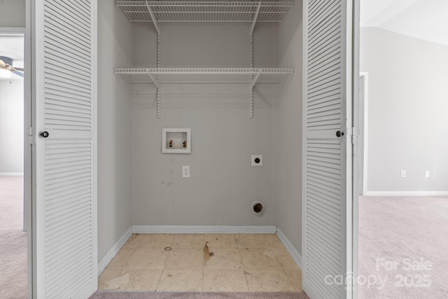 laundry area featuring laundry area, baseboards, hookup for a washing machine, carpet, and hookup for an electric dryer