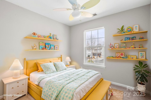 bedroom with ceiling fan, carpet, visible vents, and baseboards