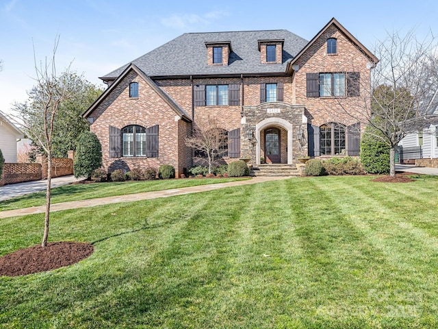 view of front of house with a shingled roof, a front yard, and brick siding