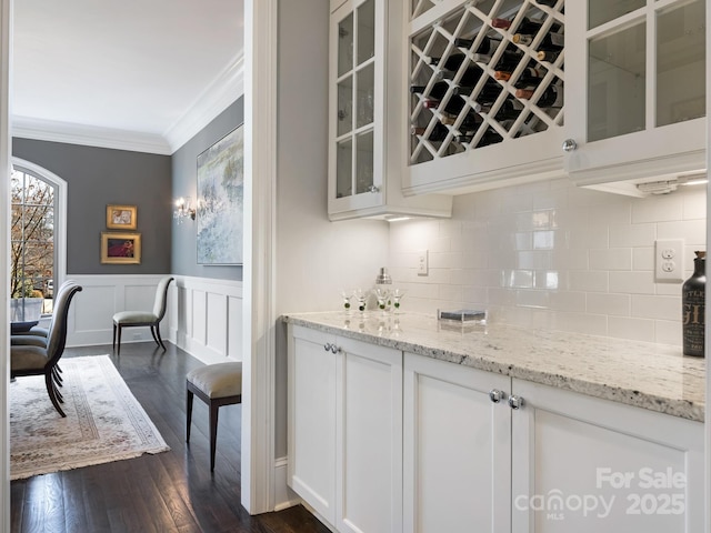 bar with a dry bar, tasteful backsplash, a wainscoted wall, dark wood-type flooring, and crown molding