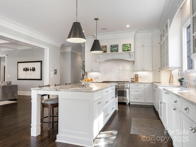 kitchen featuring stainless steel range, backsplash, dark wood-type flooring, white cabinets, and a sink