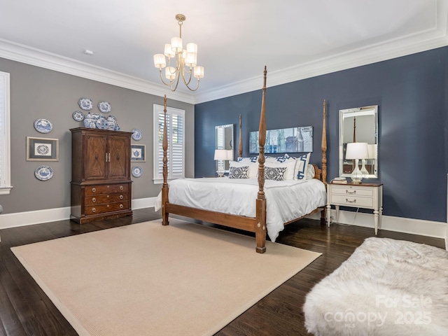 bedroom featuring dark wood-style floors, ornamental molding, baseboards, and an inviting chandelier