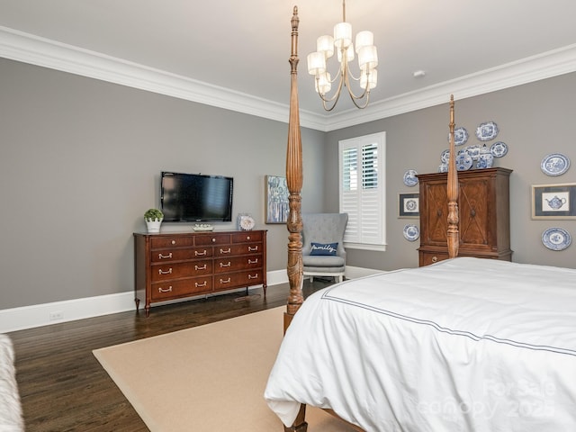 bedroom with a notable chandelier, baseboards, ornamental molding, and dark wood-style flooring