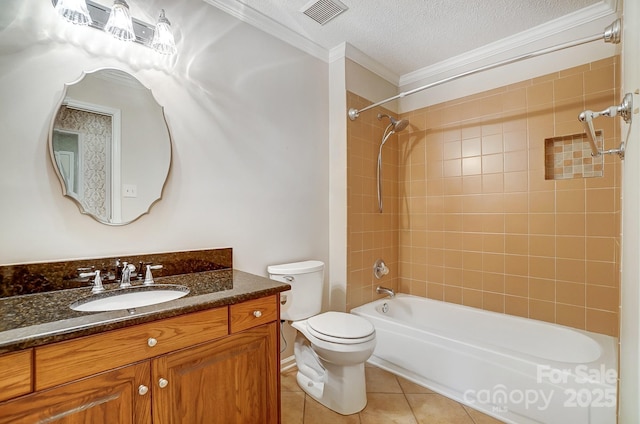 bathroom with bathtub / shower combination, visible vents, ornamental molding, a textured ceiling, and tile patterned floors