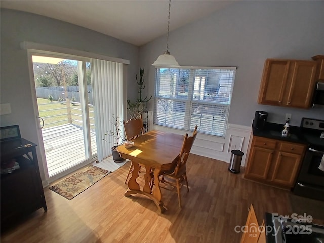 dining space featuring a wainscoted wall, vaulted ceiling, and dark wood-type flooring