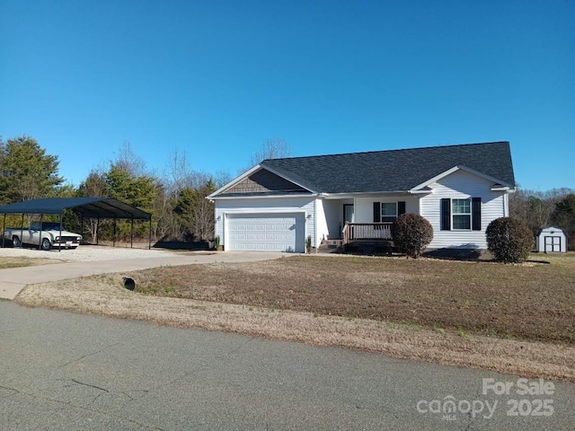 single story home featuring a garage, concrete driveway, a porch, and a shingled roof