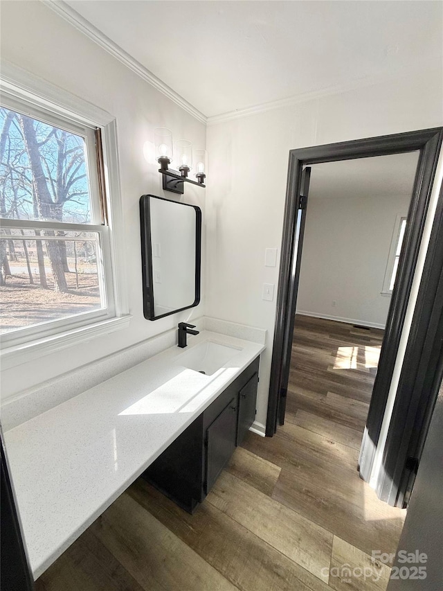 bathroom featuring ornamental molding, vanity, baseboards, and wood finished floors