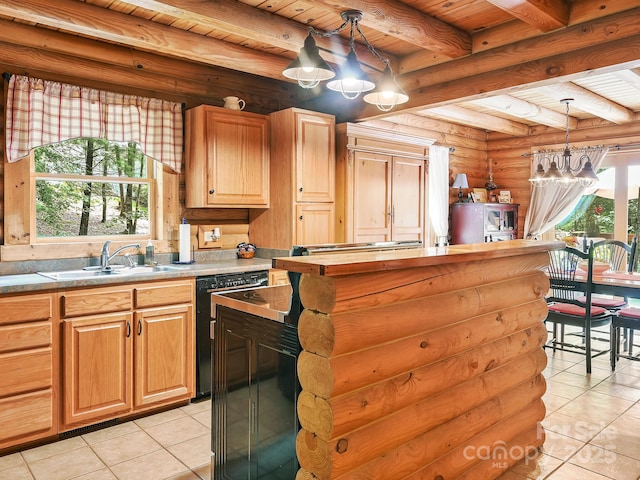 kitchen with dishwashing machine, wooden ceiling, a sink, rustic walls, and an inviting chandelier