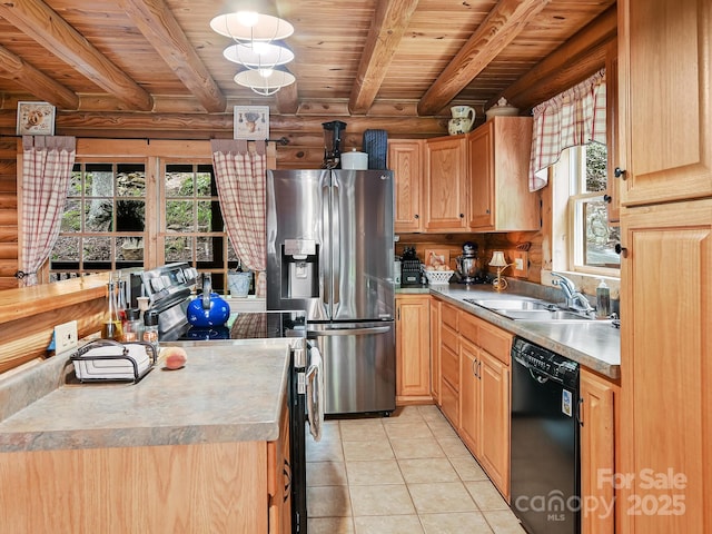 kitchen featuring beam ceiling, black dishwasher, a sink, range with electric cooktop, and stainless steel fridge with ice dispenser