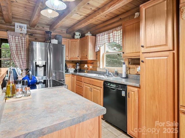 kitchen featuring wooden ceiling, light tile patterned flooring, a sink, stainless steel refrigerator with ice dispenser, and dishwasher