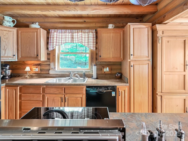 kitchen featuring black dishwasher, rustic walls, a sink, and light brown cabinetry