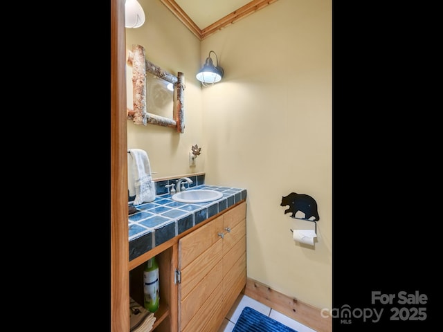 bathroom featuring ornamental molding and vanity