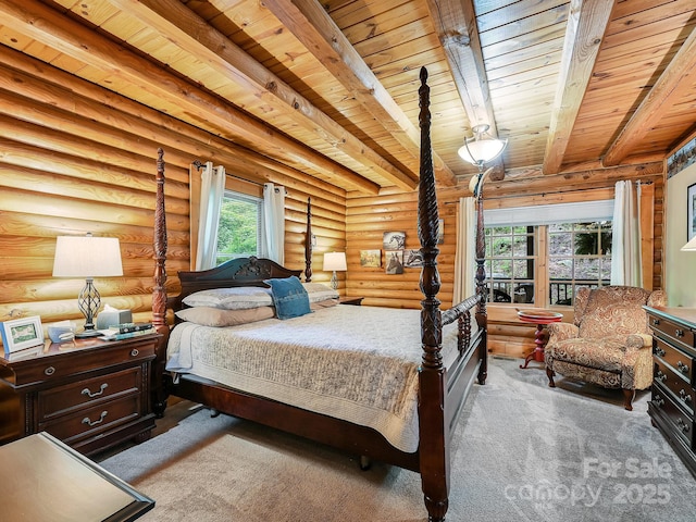 carpeted bedroom with wood ceiling and beam ceiling