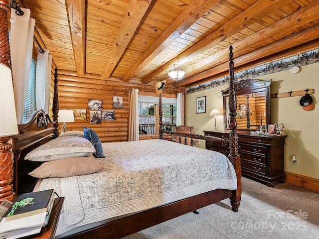 carpeted bedroom with baseboards, wood ceiling, log walls, and beamed ceiling