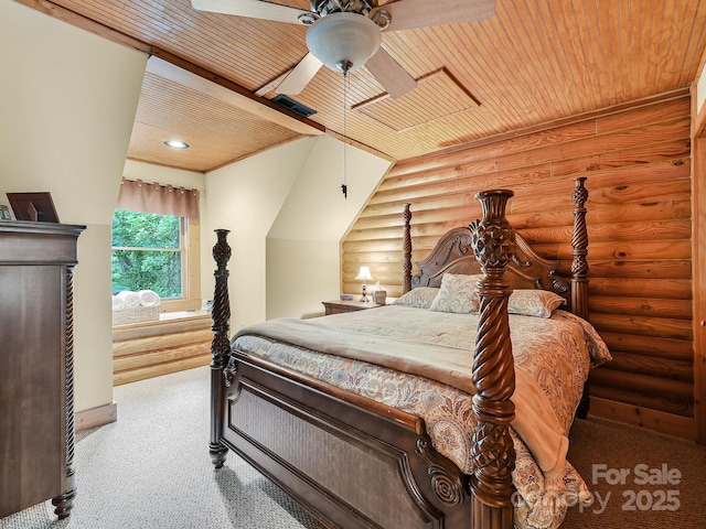 bedroom featuring visible vents, carpet floors, wood ceiling, and a ceiling fan