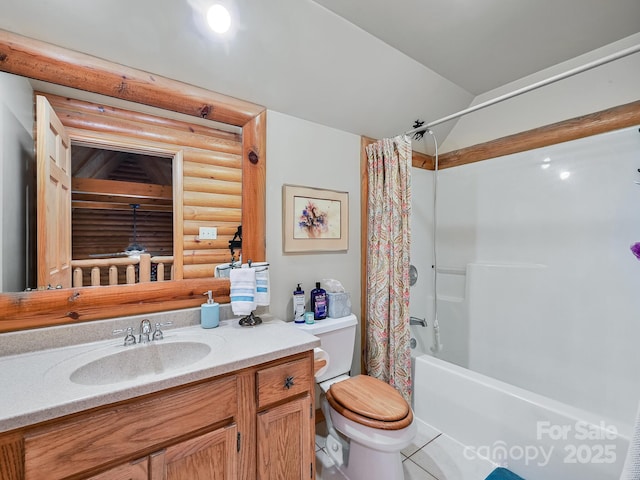 full bathroom with toilet, shower / bathtub combination with curtain, lofted ceiling, and vanity