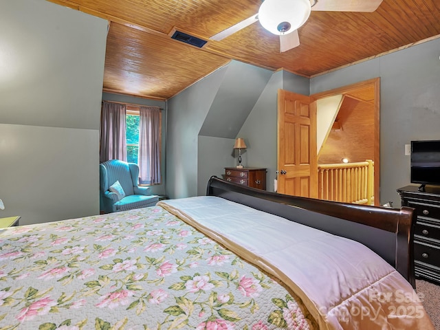 bedroom featuring wooden ceiling, visible vents, vaulted ceiling, and a ceiling fan