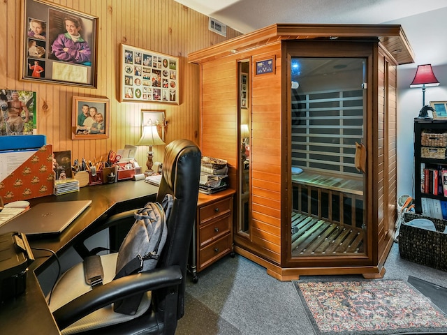 office area featuring visible vents, dark carpet, and a sauna