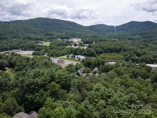 birds eye view of property featuring a mountain view and a wooded view