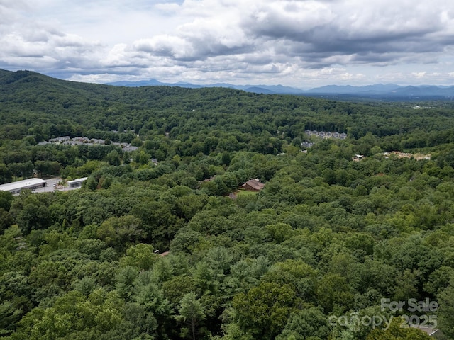 drone / aerial view featuring a forest view and a mountain view