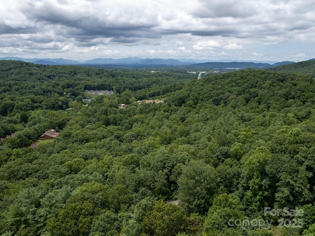 drone / aerial view with a forest view and a mountain view