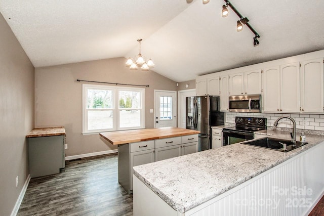 kitchen with a sink, wood counters, black electric range, fridge with ice dispenser, and stainless steel microwave