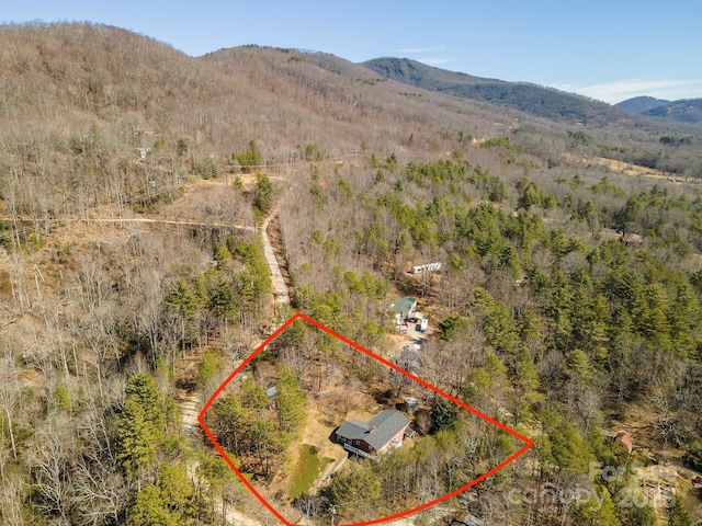 bird's eye view featuring a mountain view and a wooded view