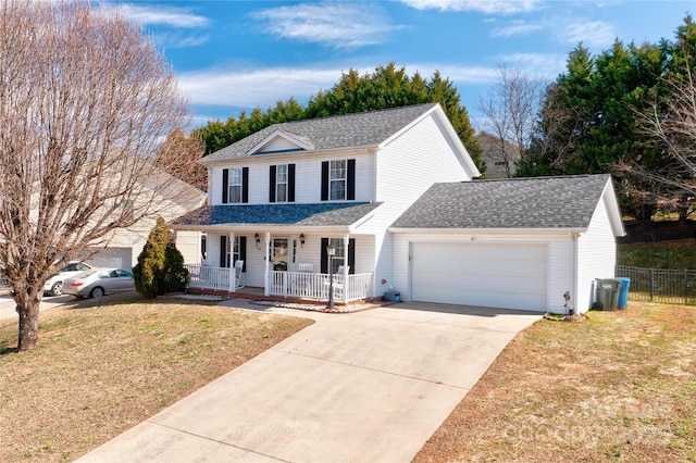 traditional-style house featuring a porch, a shingled roof, a garage, driveway, and a front lawn