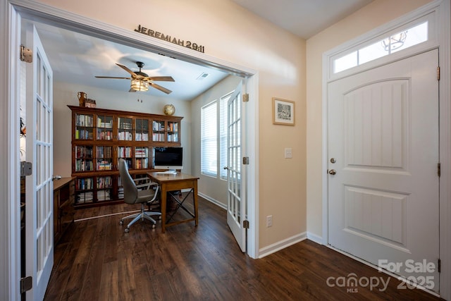 home office with ceiling fan, french doors, dark wood-type flooring, and baseboards