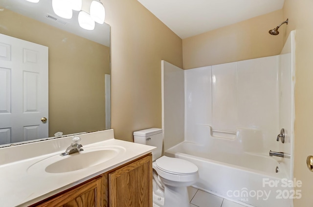 full bathroom featuring bathing tub / shower combination, visible vents, toilet, vanity, and tile patterned floors