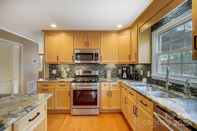 kitchen with appliances with stainless steel finishes, a sink, light wood-style flooring, and decorative backsplash