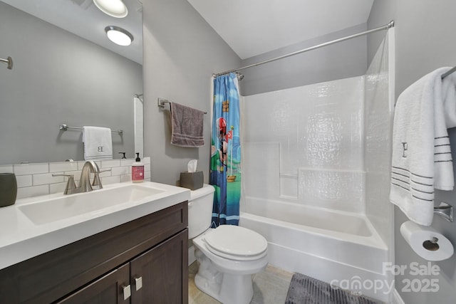 bathroom with shower / bath combo, decorative backsplash, toilet, tile patterned floors, and vanity