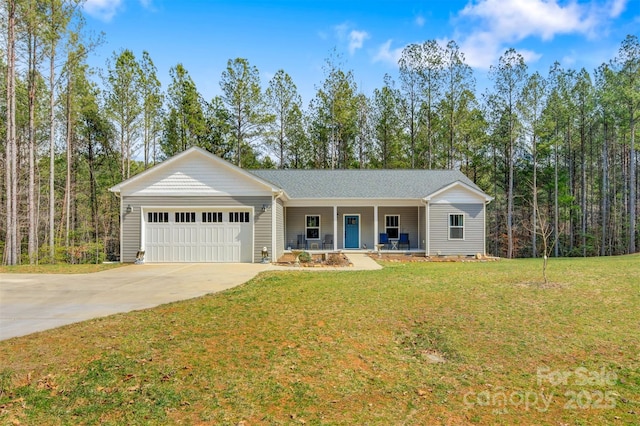 ranch-style house featuring covered porch, concrete driveway, a front lawn, and an attached garage