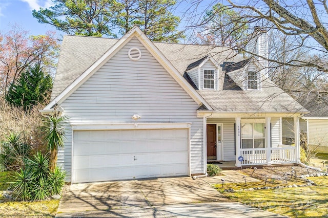 cape cod home featuring covered porch, driveway, roof with shingles, and an attached garage