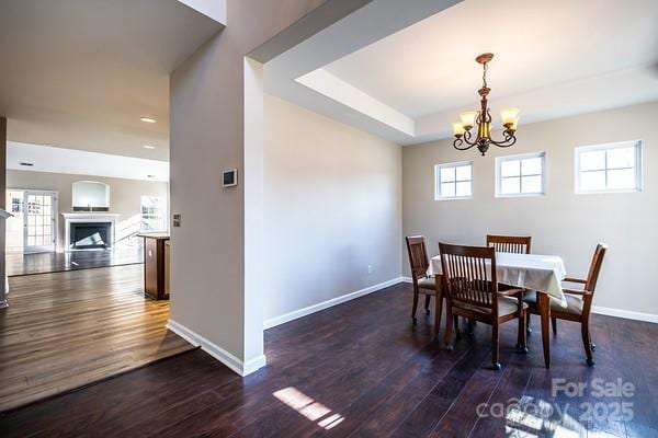 dining space with a tray ceiling, a fireplace, an inviting chandelier, wood finished floors, and baseboards